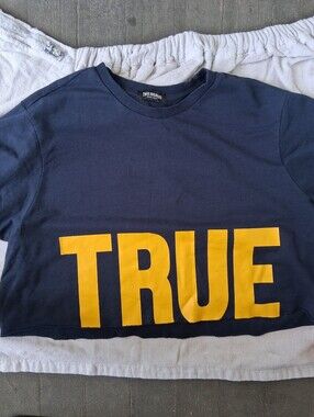 True Religion Navy Shirt with Bold Yellow TRUE Graphic